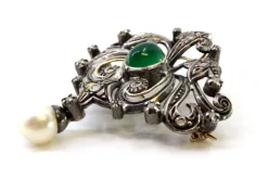 Hot Pamono Gold and Silver Brooch with Diamond Chips, Faux Pearl and Central Synthetic Cabochon