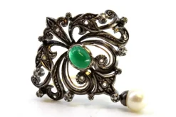 Hot Pamono Gold and Silver Brooch with Diamond Chips, Faux Pearl and Central Synthetic Cabochon