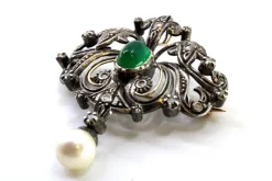 Hot Pamono Gold and Silver Brooch with Diamond Chips, Faux Pearl and Central Synthetic Cabochon