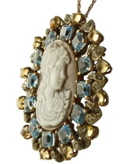 Pamono Gold and Silver Cameo Pendant or Brooch with Blue and Yellow Topazes and Diamonds> Brooches