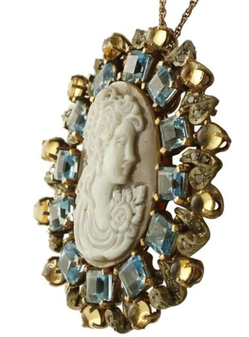 Pamono Gold and Silver Cameo Pendant or Brooch with Blue and Yellow Topazes and Diamonds> Brooches