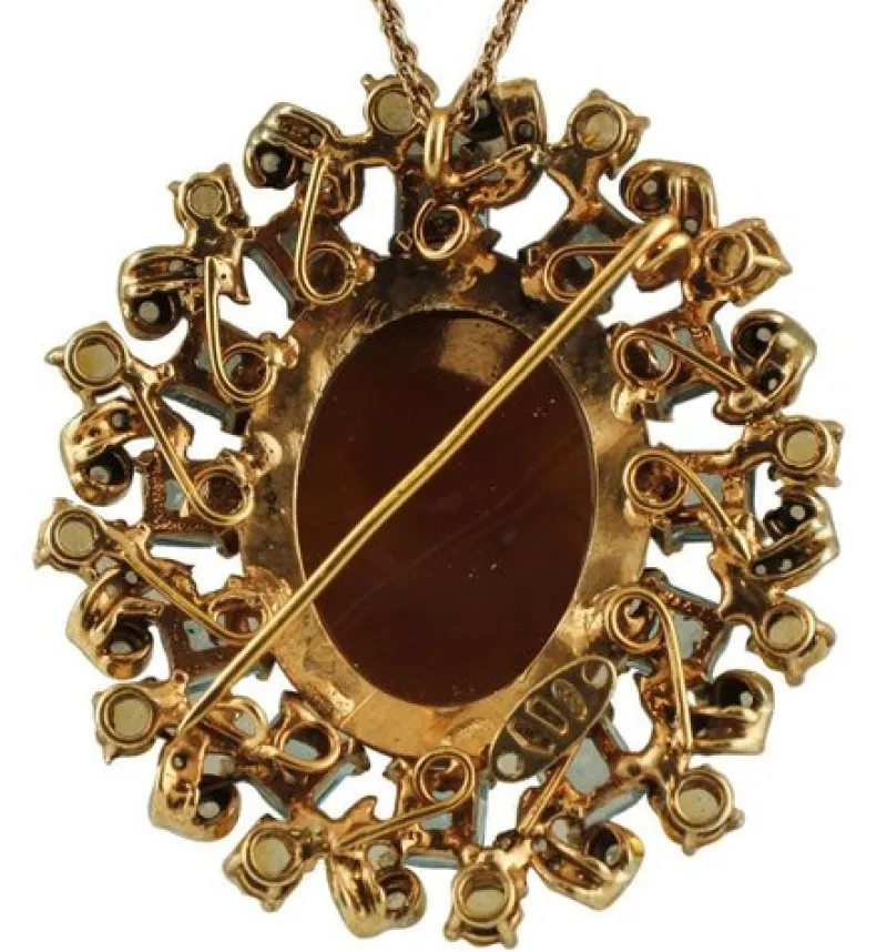 Pamono Gold and Silver Cameo Pendant or Brooch with Blue and Yellow Topazes and Diamonds> Brooches