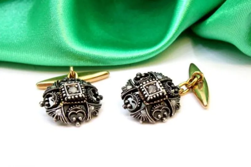 Sale Pamono Gold and Silver Cufflinks with Diamond Cutouts and Chips, Set of 2