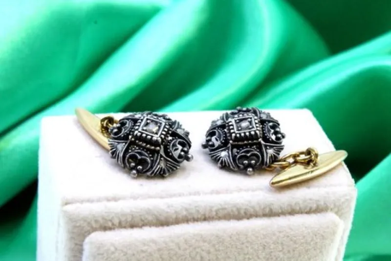 Sale Pamono Gold and Silver Cufflinks with Diamond Cutouts and Chips, Set of 2