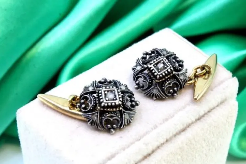Sale Pamono Gold and Silver Cufflinks with Diamond Cutouts and Chips, Set of 2