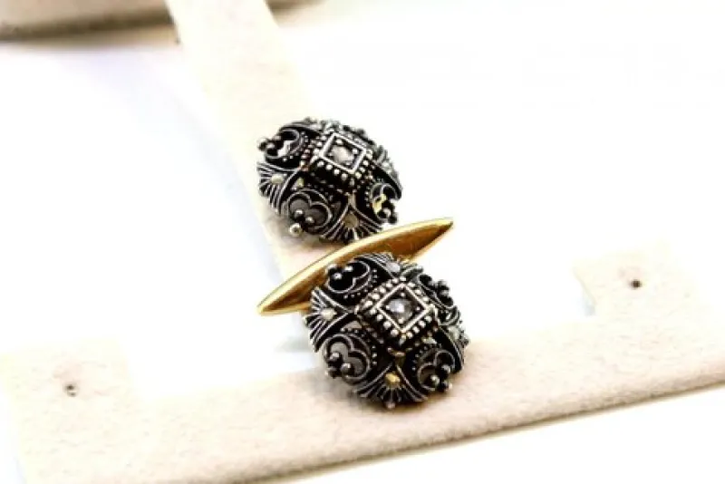 Sale Pamono Gold and Silver Cufflinks with Diamond Cutouts and Chips, Set of 2
