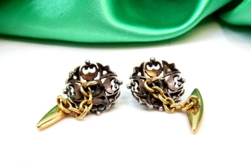 Sale Pamono Gold and Silver Cufflinks with Diamond Cutouts and Chips, Set of 2