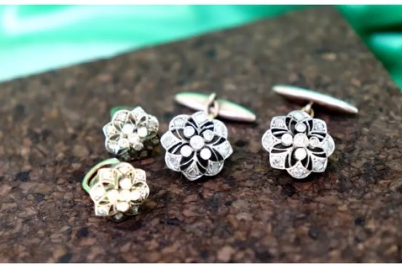 Pamono Gold and Silver Cufflinks with Diamond Chips, Set of 2> Cufflinks