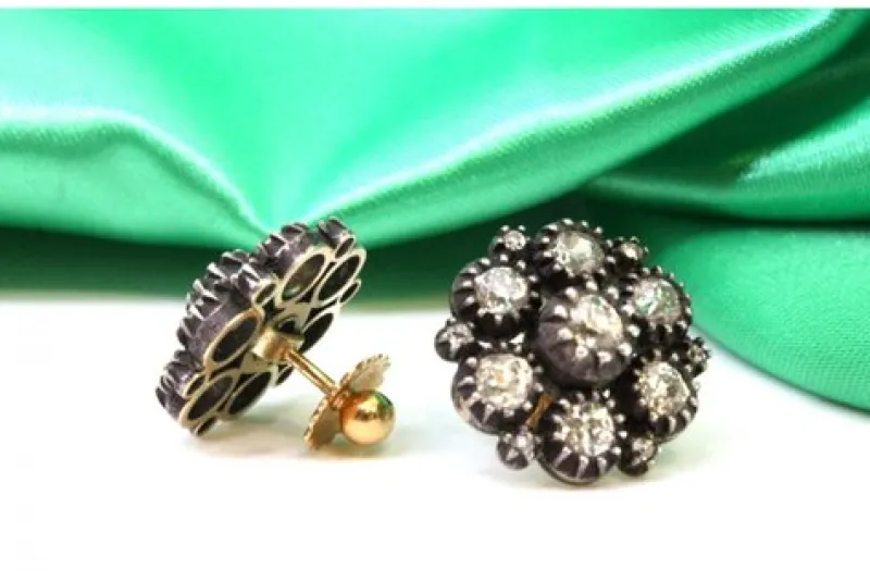 Pamono Gold and Silver Earrings with Rose Cut Diamonds and Chips, Set of 2> Earrings