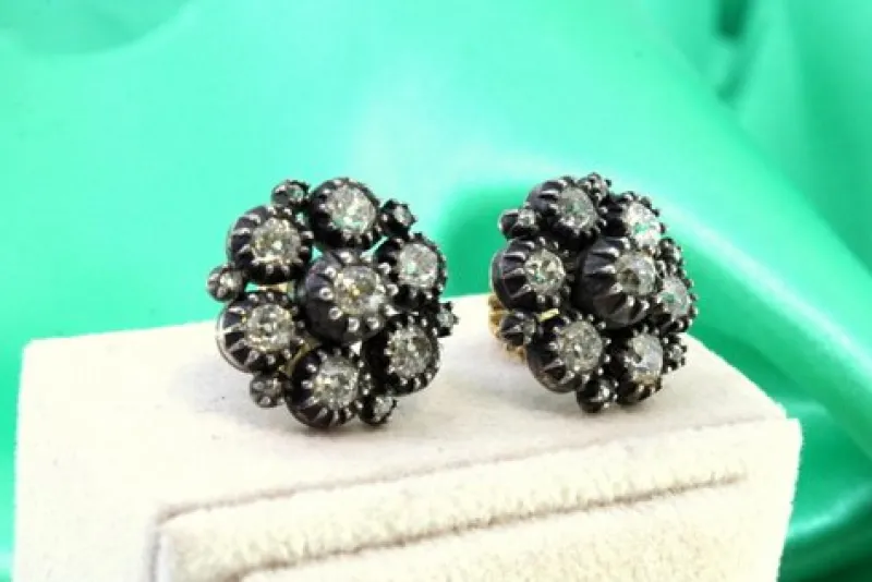 Pamono Gold and Silver Earrings with Rose Cut Diamonds and Chips, Set of 2> Earrings