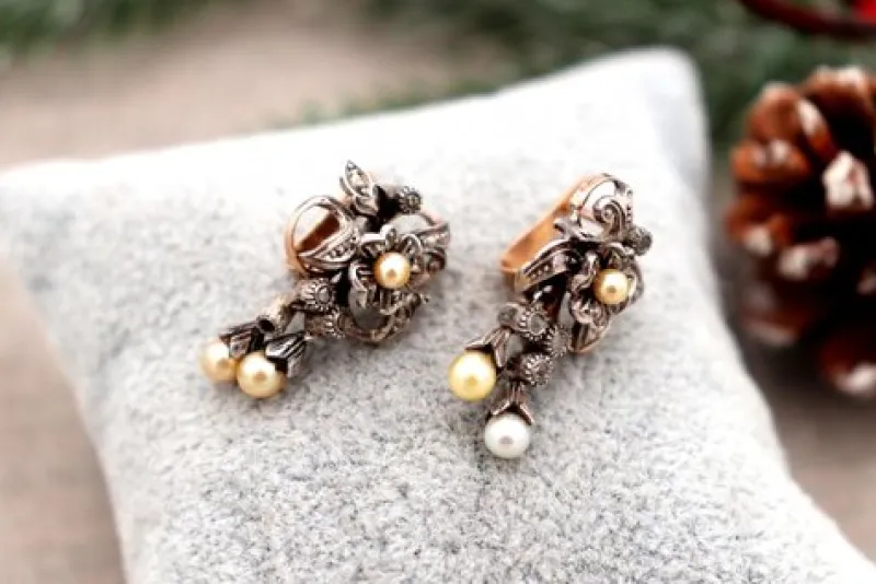 Pamono Gold and Silver Earrings with Diamond Chips, Set of 2> Earrings
