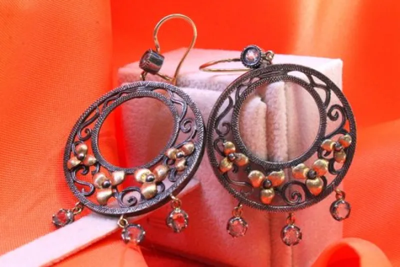 Online Pamono Gold and Silver Earrings with Three Pendants,Set of 2