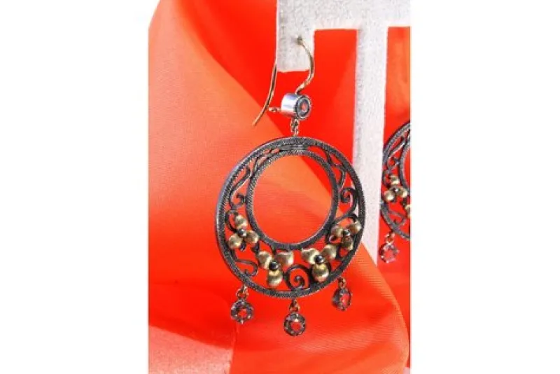 Online Pamono Gold and Silver Earrings with Three Pendants,Set of 2