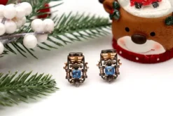 Pamono Gold and Silver Earrings with Cut Diamonds and Synthetic Blue Stones, Set of 2> Earrings