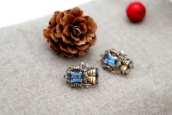 Pamono Gold and Silver Earrings with Cut Diamonds and Synthetic Blue Stones, Set of 2><noscript><img width=