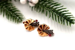 Pamono Gold and Silver Earrings with Relief and Diamond Chips with Garnet Stones, Set of 2><noscript><img width=