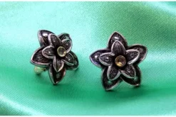 Pamono Gold and Silver Flower-Shaped Earrings with Zirconia and Diamond Chips, Set of 2