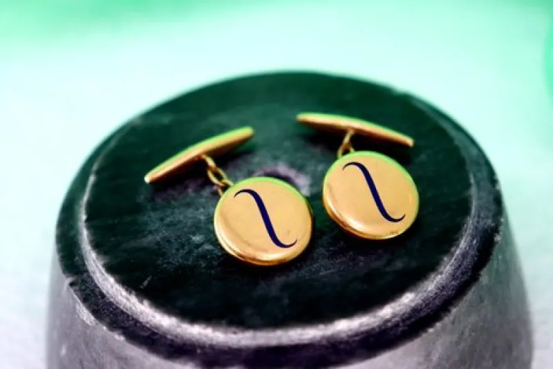 Online Pamono Gold Cufflinks in Button Shape with Incorporated Blue Motifs, Set of 2