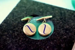 Online Pamono Gold Cufflinks in Button Shape with Incorporated Blue Motifs, Set of 2