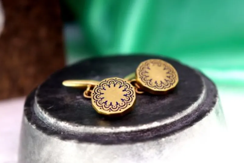 Pamono Gold Cufflinks in Button Shape with Blue Accents, Set of 2> Cufflinks