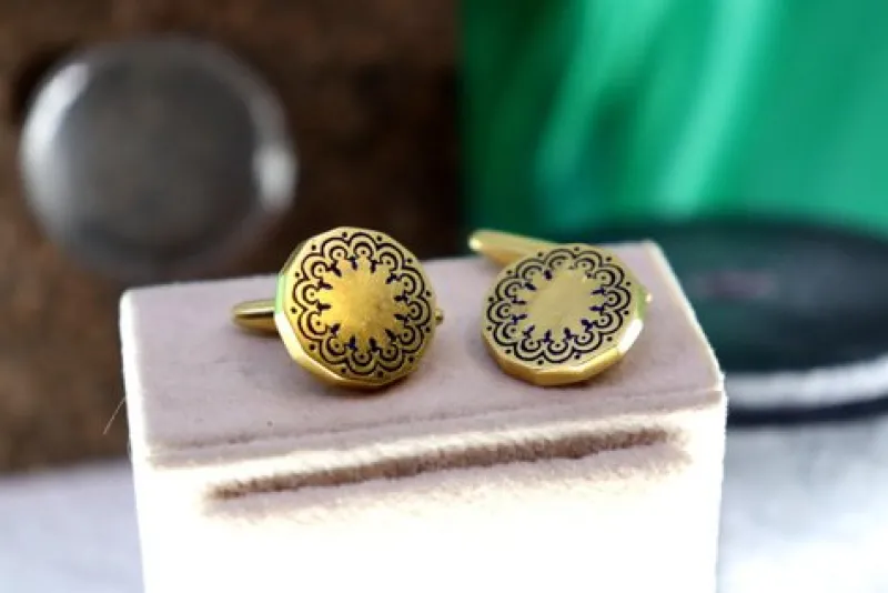 Pamono Gold Cufflinks in Button Shape with Blue Accents, Set of 2> Cufflinks