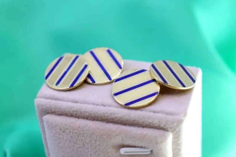 Pamono Gold Cufflinks in Button Shape with Three Blue Enameled Stripes, Set of 2> Cufflinks