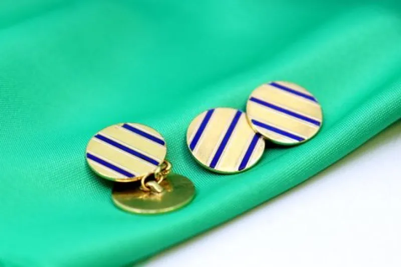 Pamono Gold Cufflinks in Button Shape with Three Blue Enameled Stripes, Set of 2> Cufflinks