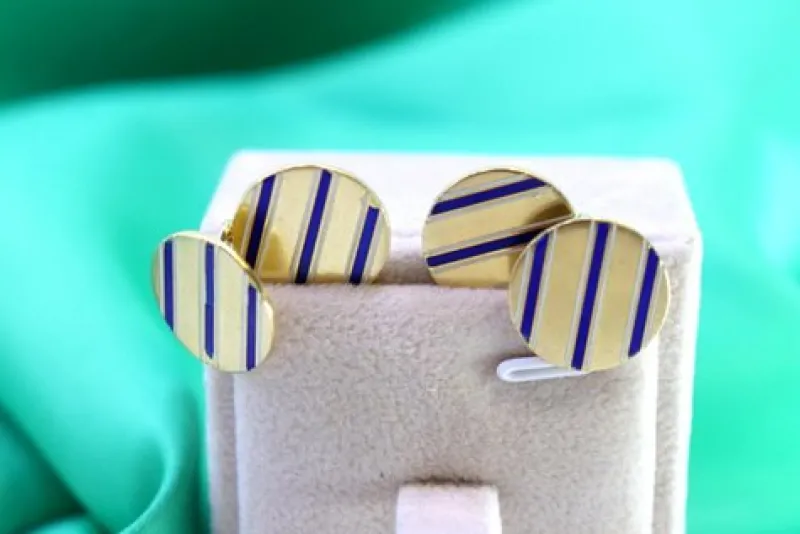 Pamono Gold Cufflinks in Button Shape with Three Blue Enameled Stripes, Set of 2> Cufflinks