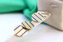 Pamono Gold Cufflinks in Button Shape with Three Blue Enameled Stripes, Set of 2><noscript><img width=