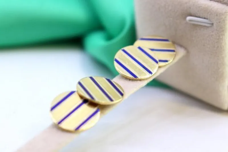 Pamono Gold Cufflinks in Button Shape with Three Blue Enameled Stripes, Set of 2> Cufflinks