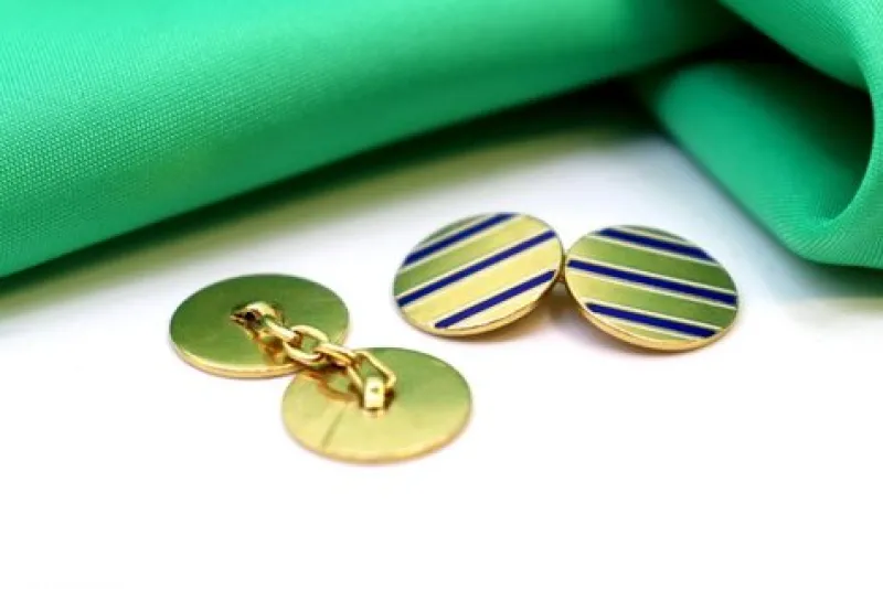 Pamono Gold Cufflinks in Button Shape with Three Blue Enameled Stripes, Set of 2> Cufflinks