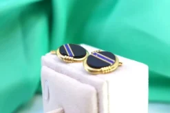 Clearance Pamono Gold Cufflinks with Blue Stripe Reliefs on Oval Onyx, Set of 2