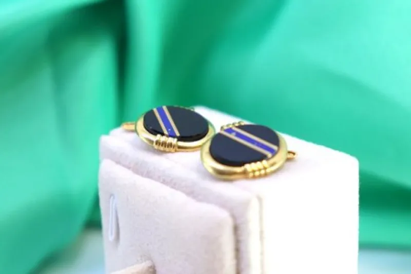 Clearance Pamono Gold Cufflinks with Blue Stripe Reliefs on Oval Onyx, Set of 2