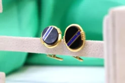 Clearance Pamono Gold Cufflinks with Blue Stripe Reliefs on Oval Onyx, Set of 2