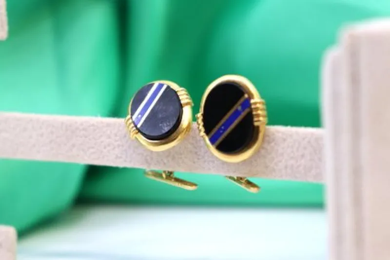 Clearance Pamono Gold Cufflinks with Blue Stripe Reliefs on Oval Onyx, Set of 2