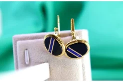 Clearance Pamono Gold Cufflinks with Blue Stripe Reliefs on Oval Onyx, Set of 2