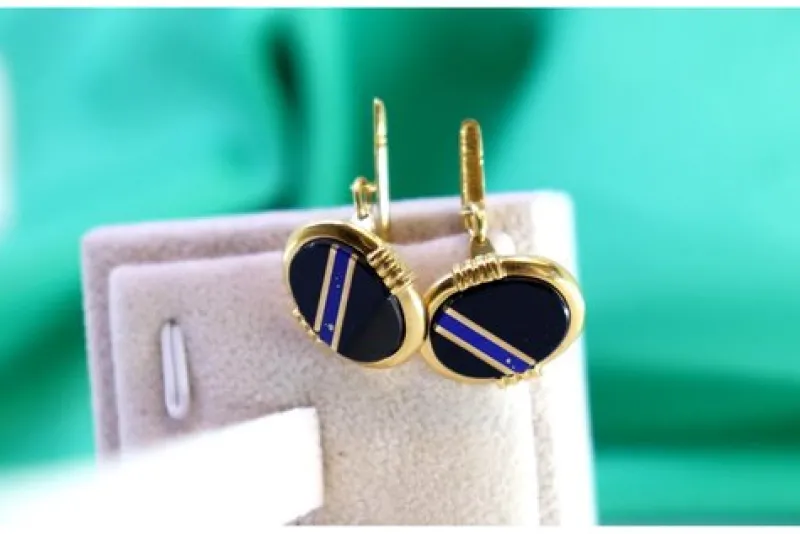 Clearance Pamono Gold Cufflinks with Blue Stripe Reliefs on Oval Onyx, Set of 2