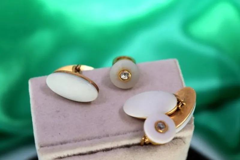Pamono Gold Cufflinks with Ceramic and Two Brilliant-Cut Diamonds, Set of 2
