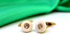 Pamono Gold Cufflinks with Ivory and Diamond Applications, Set of 2><noscript><img width=