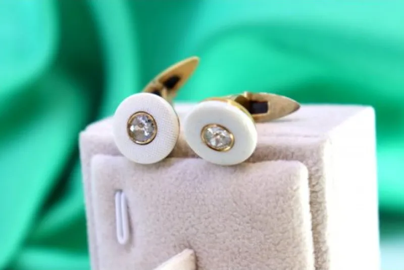 Pamono Gold Cufflinks with Ivory and Diamond Applications, Set of 2> Cufflinks