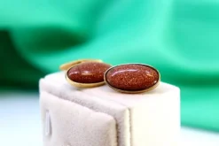Sale Pamono Gold Cufflinks with Oval Brown Stone, Set of 2