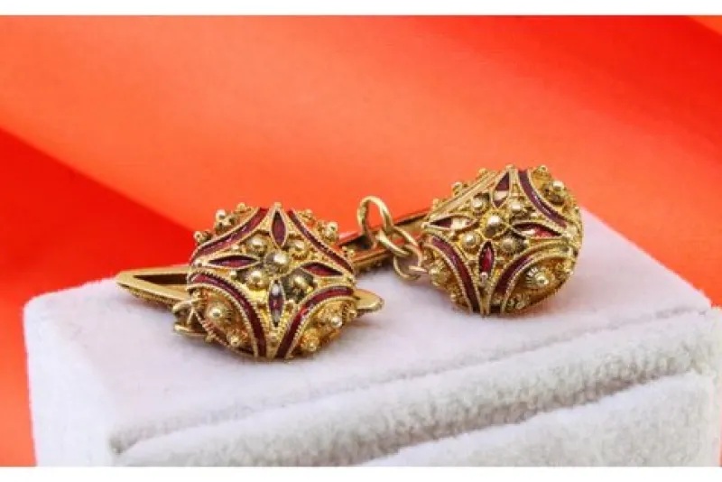 Clearance Pamono Gold Cufflinks with Roses and Enamel Decoration, Set of 2