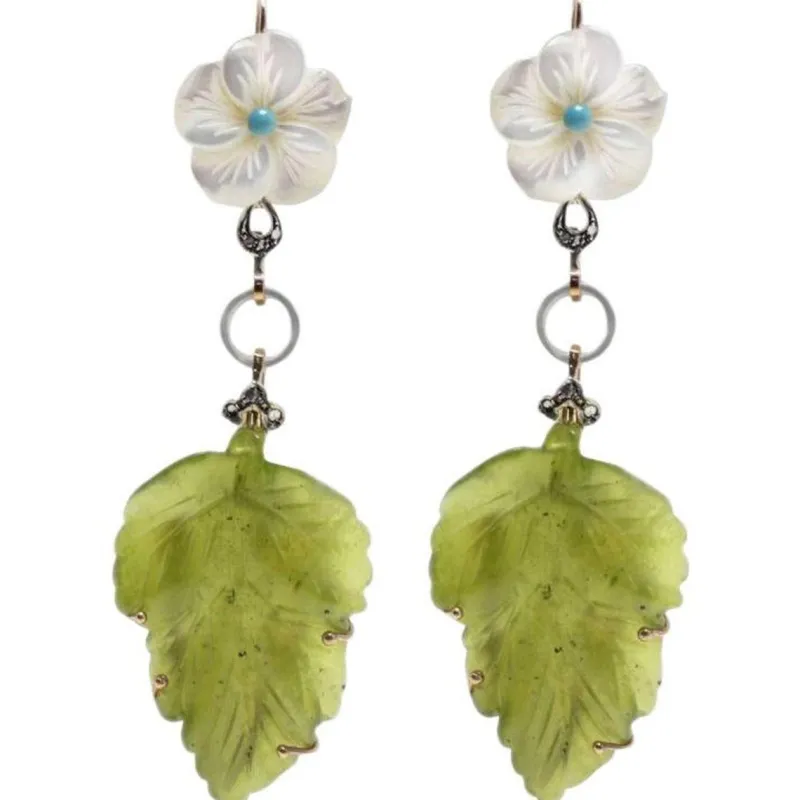 New Pamono Gold Dangle Earrings with White Stones and Jade, Set of 2
