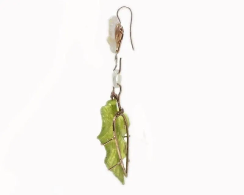 New Pamono Gold Dangle Earrings with White Stones and Jade, Set of 2