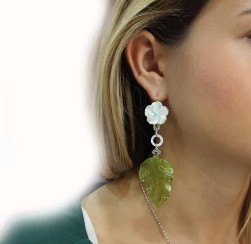 New Pamono Gold Dangle Earrings with White Stones and Jade, Set of 2