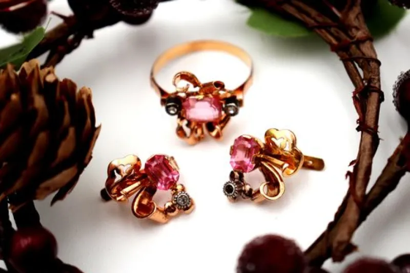 Pamono Gold Earrings and Ring with Synthetic Stones, Set of 3