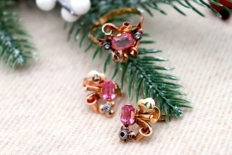 Pamono Gold Earrings and Ring with Synthetic Stones, Set of 3