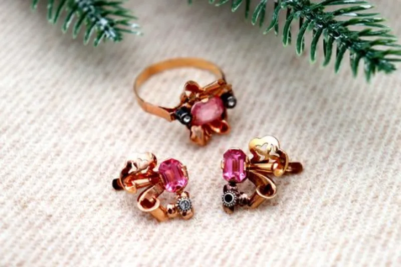 Pamono Gold Earrings and Ring with Synthetic Stones, Set of 3