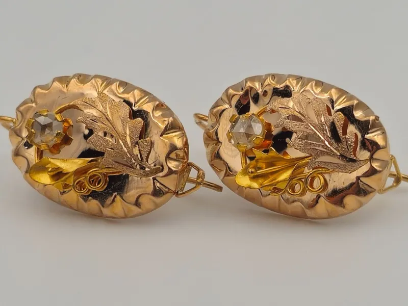 Pamono Gold Earrings in Yellow Gold with Diamonds, 1880, Set of 2> Earrings