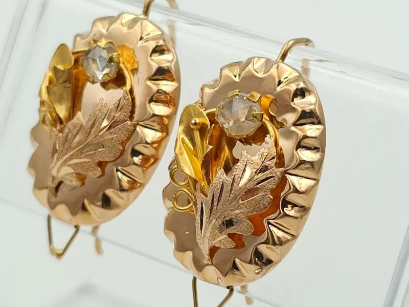 Pamono Gold Earrings in Yellow Gold with Diamonds, 1880, Set of 2> Earrings